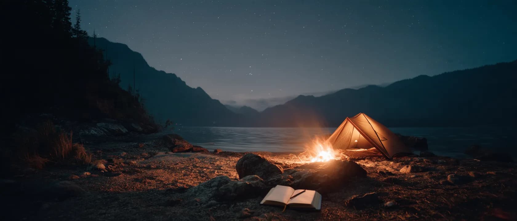 A campfire and a lit tent on a lakeshore under the stars